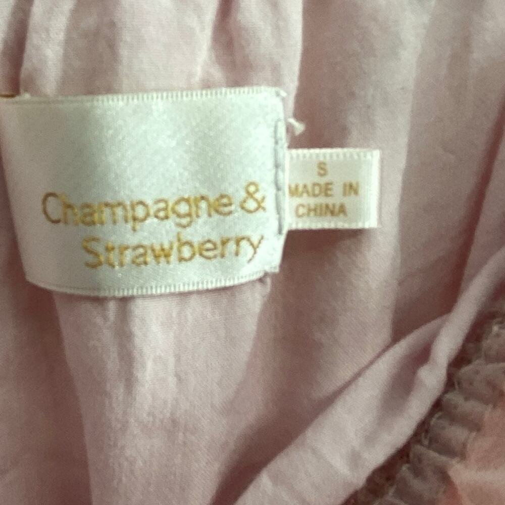 Champagne & Strawberry Maxi Dress Small Off Shoulder Pink Floral Chiffon Peasant - Picture 15 of 16